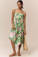 Farm Rio Anthropologie Linen Blend Tie-Strap Sweetheart Midi Dress XS NWT Floral
