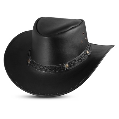 All Leather Black Cowboy Hat/ Braided Leather Band Black Leather Cowboy Hat: Braided Band, Aussie Bush Style - Etsy main image 2