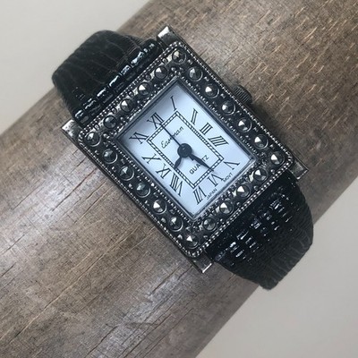 Vtg Eastman Women Filigree Black Leather Rectangular Quartz 22mm Watch 6 1/4''