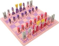 Wooden Chess Set, 11.8 inch Cartoon Travel Chess Set Pink Chess Board Game Set w