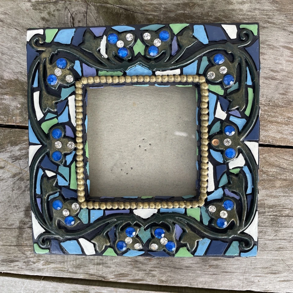 Blue and White Glass Tile Mosaic Square Frame With Blue And White Rhinestones  - Image 2 of 4
