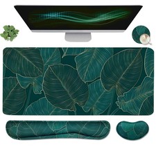 Green Leaves Large Mouse Pad Keyboard Wrist Rest 4-in-1 Ergonomic Desk Set