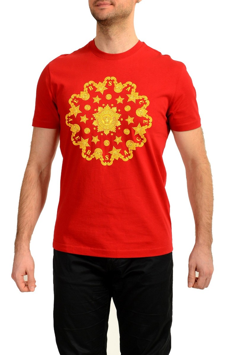 Versace Men's Red Gold Medusa Head Crewneck Short Sleeve T-Shirt