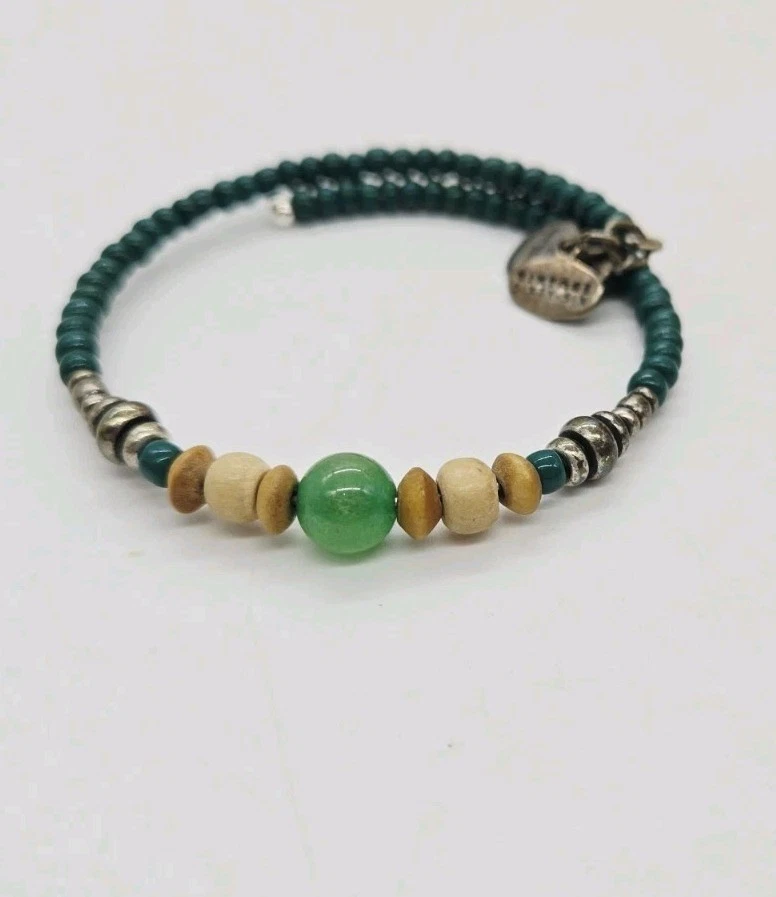 Pulsera Alex and Ani Vintage 66 Verde Cuentas Madera Plata Pulsera OSFM Talla Única Foto 4 de 4