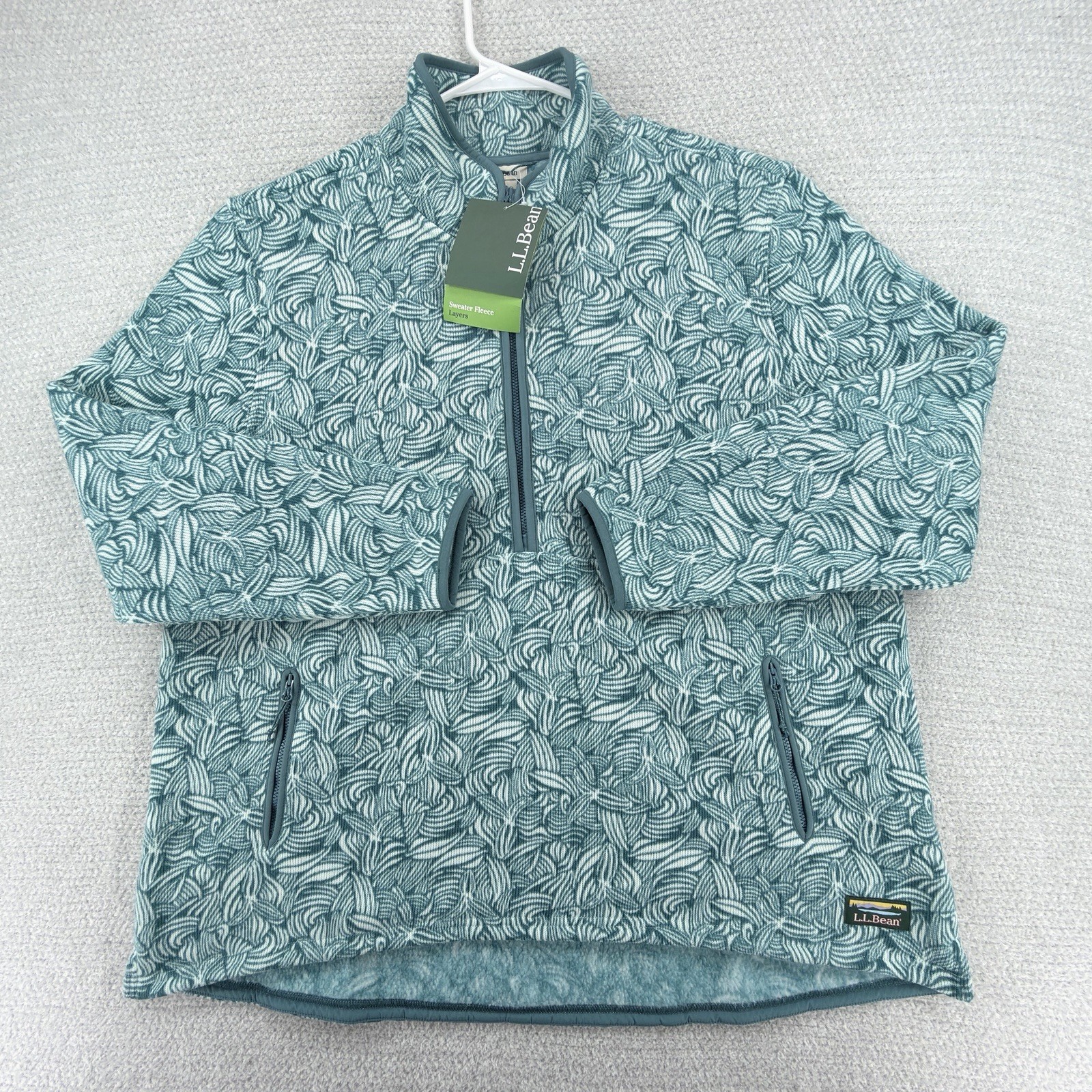 L.L. Bean Sweater Fleece Pullover Womens XL Green Floral 1/2 Zip Mock Neck