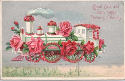 Postcard Good Luck and Many Happy ReturnsOf The Day, Floral Train Embossed