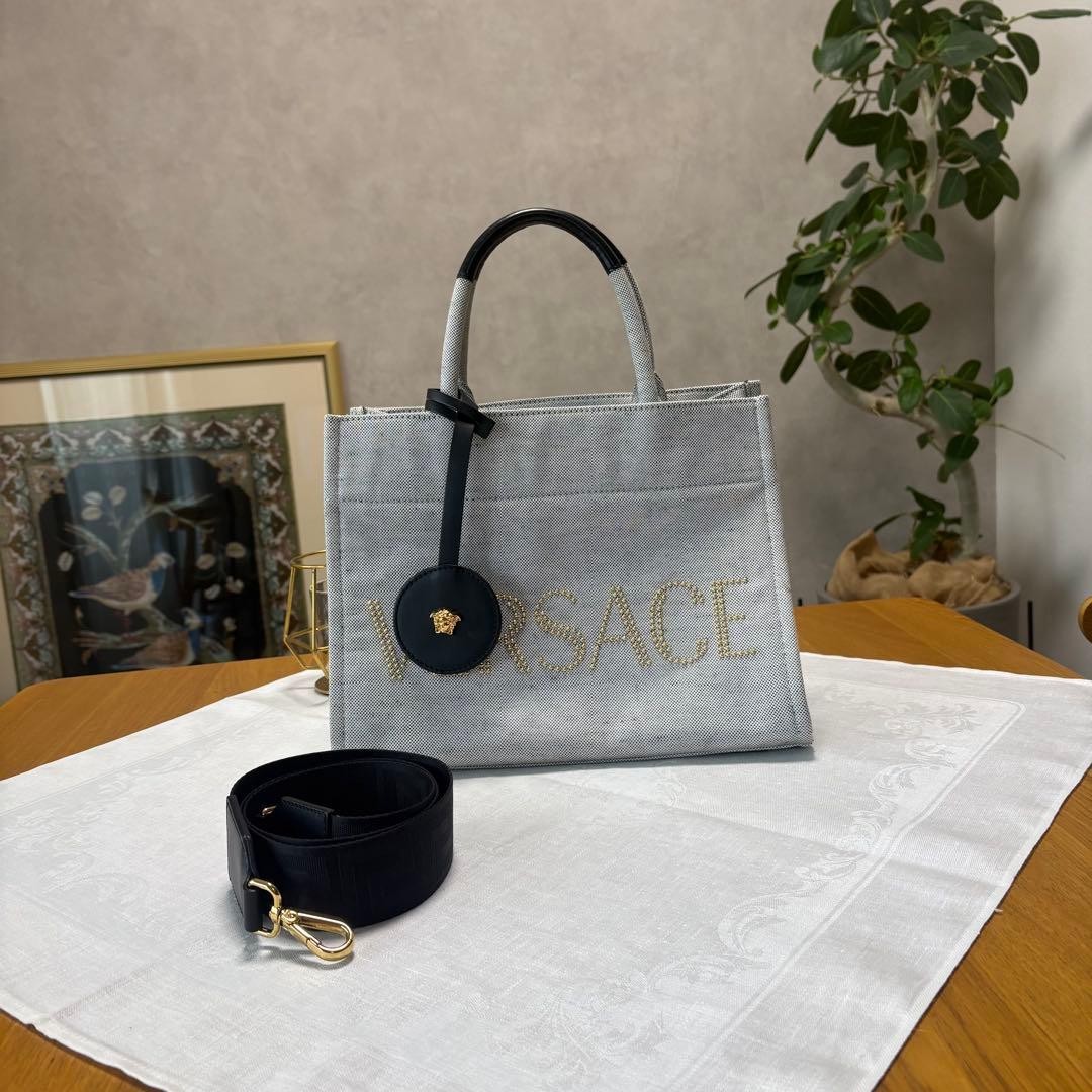 Versace 2Way Canvas Handbag with Studded Logo & Medusa Charm, Used thumbnail 3