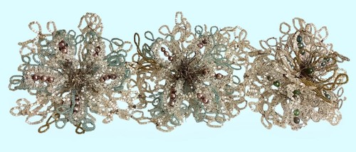 3 ANTIQUE BEADED FRENCH FLOWERS BLUE TINSEL