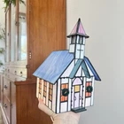 VTG Tiffany Style Church Stained Glass Lamp Light Blue White Religious Decor