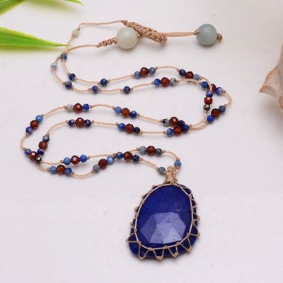Handmade Natural Lapis Lazuli Gemstone Beaded Macrame Healing Crystal Necklace