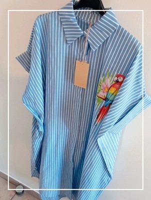Langes Kleid FEIN gestreift blau Papagei Trend Baumwolle Knopfleiste Gr. L XL
