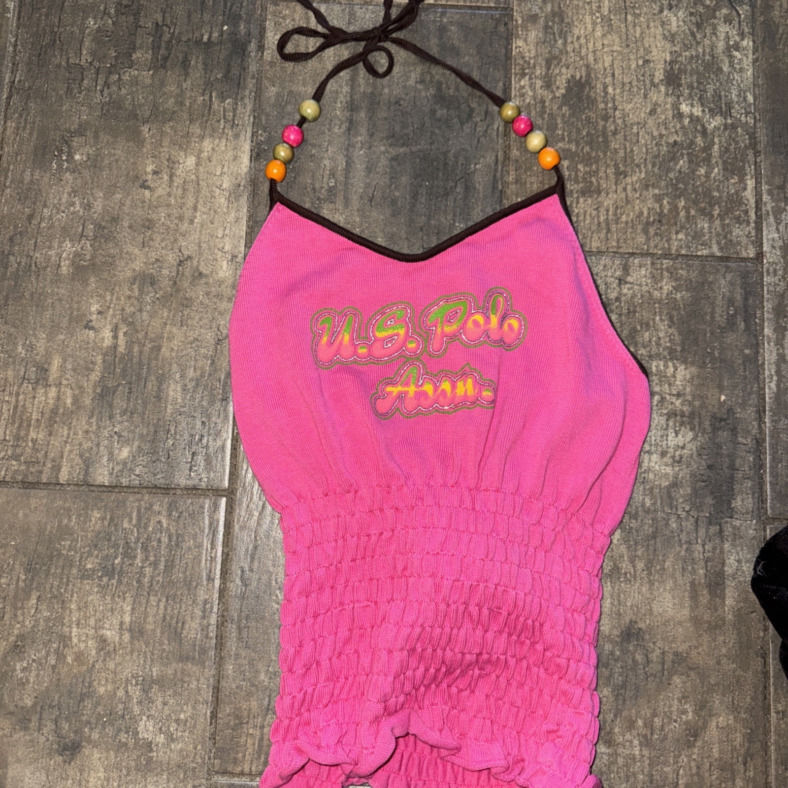 Y2K U.S. Polo Assn Halter Top Pink Smocked Beaded Neck Tie NEW With Tags