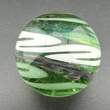 Contemporary Handmade Art Glass Marble 1.11" Swirl MIB, Green, White, UV Glow