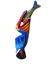 24” PELICAN WITH FISH HAND CARVED WOOD TROPICAL SCULPTURE BIRD DECOR TIKI BAR