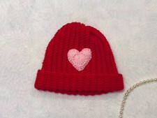 Handmade Red Crochet Beanie Hat with Pink Hea...