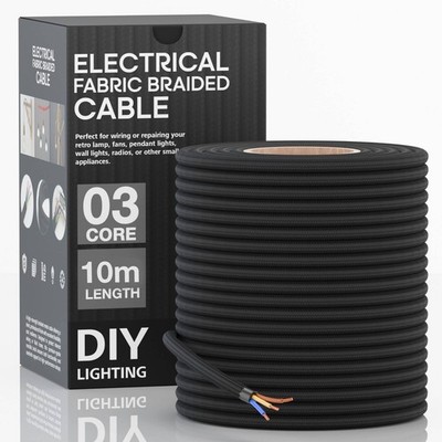 Vintage geflochtenes Stoffkabel Beleuchtung Flexkabel schwarz 3-adrig rund Großpreis