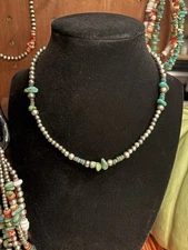 15 Inch Kingman Turquoise, Black Opal And Sterling Silver Pearls 4-6mm