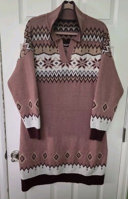 BloomChic Boho Pattern Jacquard Contrast Sweater Dress Bean Paste 18-20/2X