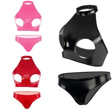 Women's Hollow Out Cupless Bra Tops + Low Rise Panties PVC Leather Lingerie Sets