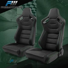 Universal Pair Reclinable Racing Seat + Dual Slider PU Leather - Green Stitch