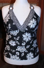 16 NWT Women's Athena Bali Halter Black & White Tankini Top