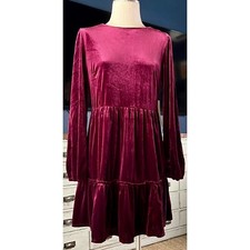 NWT New $138 Anthropologie Tiered Burgundy Velvet Longsleeve Mini Dress S