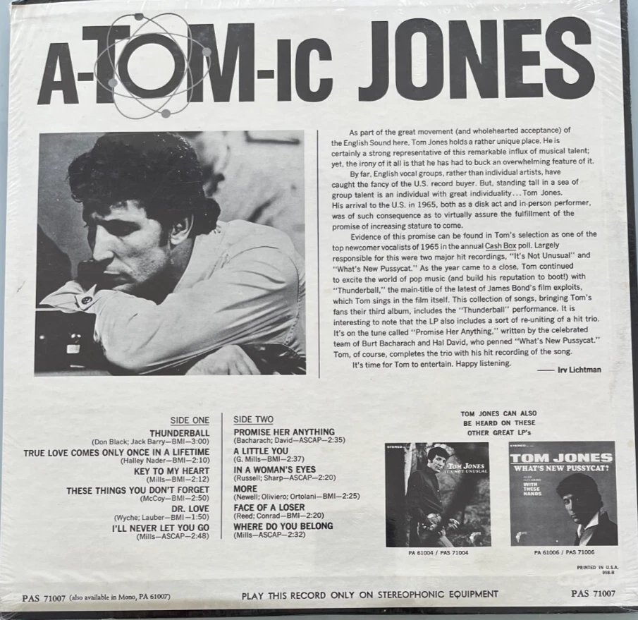 Tom Jones, Atomic Jones, LP, NEW, Sealed, 1966 US Pressing ( Stereo) - Image 2 of 2
