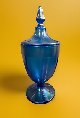 Early Fenton Stretch Celeste Blue Iridescent Covered Candy Dish Compote