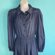 Halston III Women Dress Synthetic 8 Black Monogram H Print Vintage 80s Midi