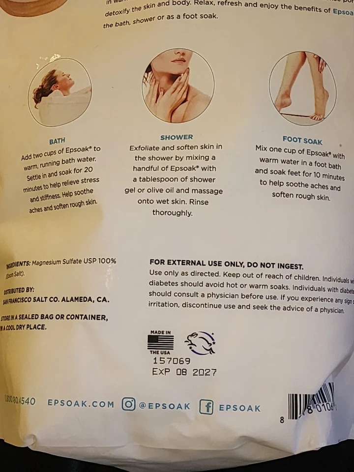 Bolsa a granel resellable Epsoak Epsom Salt 5 lb, sulfato de magnesio USP. Sin perfume, Ma Foto 2 de 4