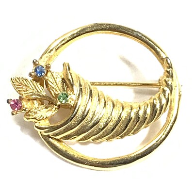 VINTAGE Gold Tone CORNUCOPIA  Rhinestone Circle Pin HOLIDAY Horn Basket Brooch