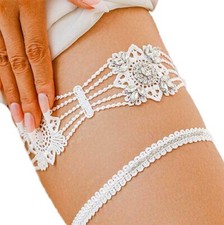 Wedding Leg Garter Belt Set White Lace Floral Garters Stretchy Crystal Leg Ac...