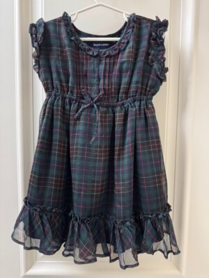 Ralph Lauren Girls Dress - Green w/Red & Black Plaid Chiffon - EUC - Size 3T