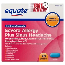 Equate Maximum Strength Severe Allergy Plus Sinus Headache Caplets, 20 Count