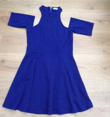 WOMENS BLUE HIGH NECK COLD SHOULDER SKATER DRESS BY TOBI SIZE