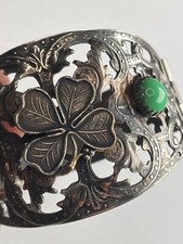 Vintage Armband Kleeblatt grün Glas Cabochon versilbert Glücksbringer Gablonz ?