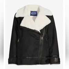 Scoop Faux Suede Leather Trim Moto Jacket With Faux Fur Lining Size Large