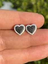 Solid 925 Sterling Silver Iced Heart Stud CZ Earrings Black White Hip Hop 10.5mm