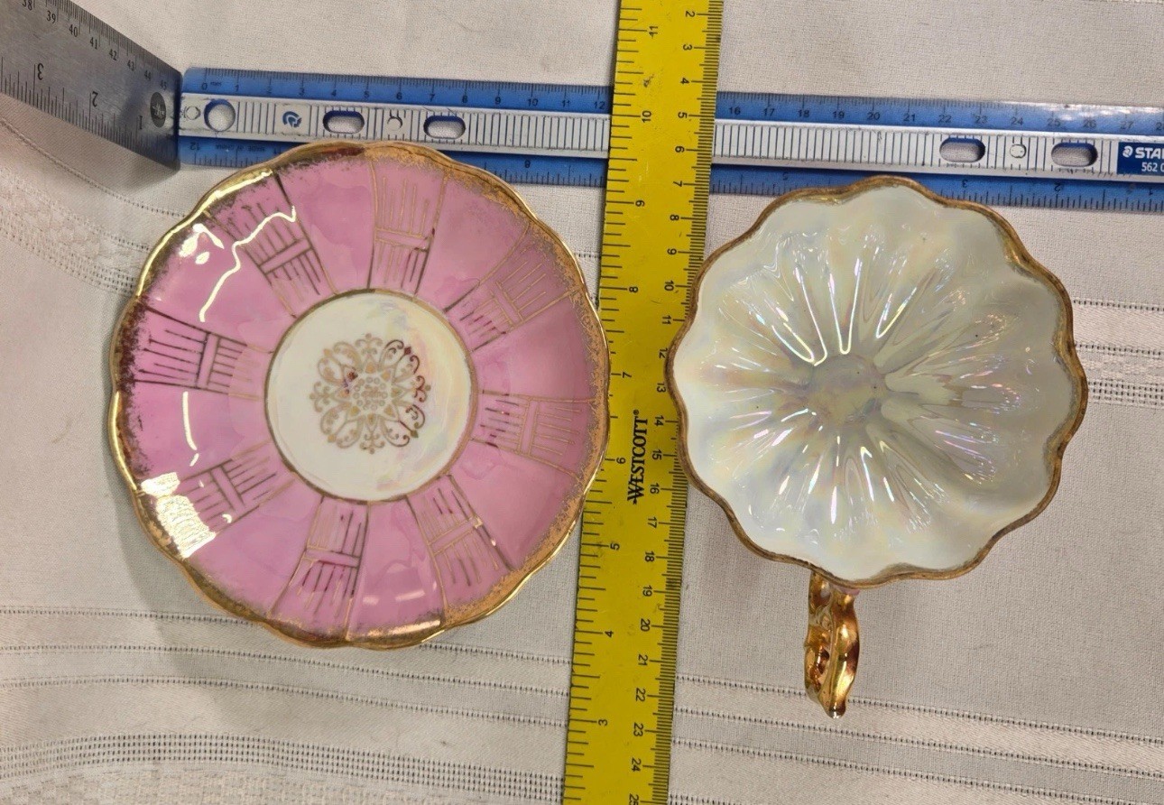 Royal Sealy China Japan Iridescent Gold & Pink Footed Cup & Reticulated Saucer