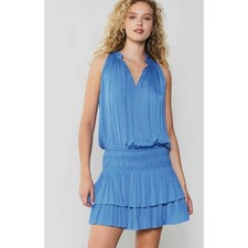 Blue Pleated Sleeveless Mini Dress Smocked Waist Dress S