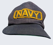 Vintage NAVY Strapback Hat Derby Cap USA Made Military Style Leather Strap Blue