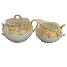 Vintage Cream Gold Floral Sugar Bowl Creamer Set Porcelain