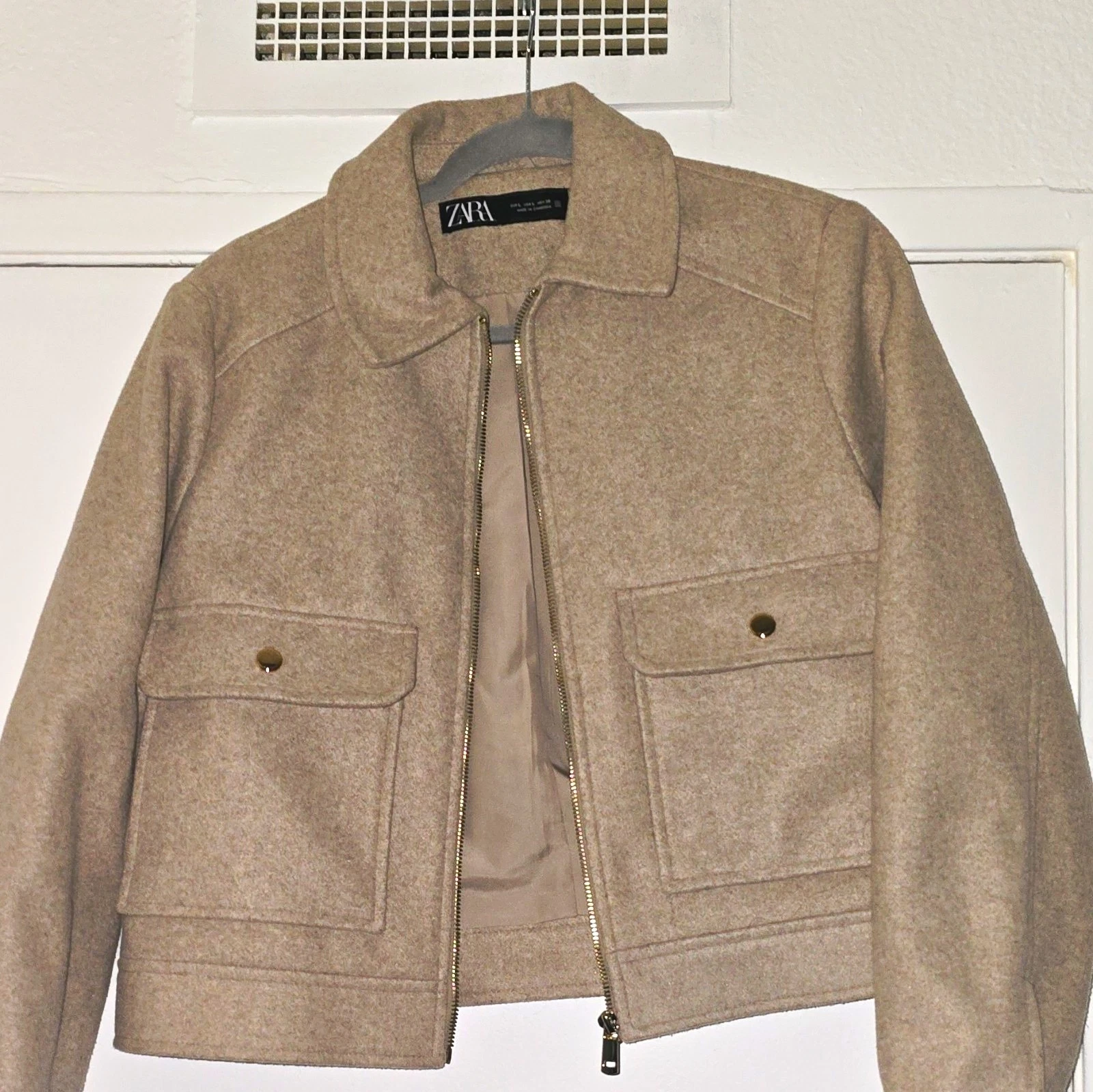 ZARA  Beige Wool Blend Full Zip Jacket Lined Pockets Size L image 1