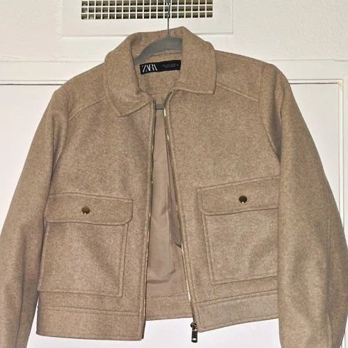 ZARA  Beige Wool Blend Full Zip Jacket Lined Pockets Size L - product listing photo
