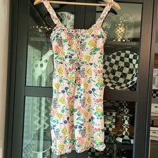 Urban Outfitters Robin Lace Up Pink Fruit Ruffle Mini Dress Size XS Y2k COTTON