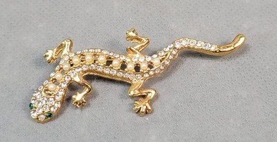 Vintage Signed LIZARD Goldtone SALAMANDER Rhinestone BROOCH Pin
