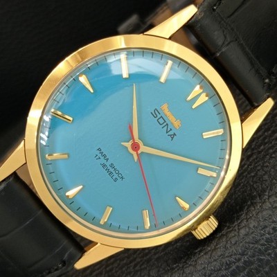 VINTAGE HMT SONA INDISCHE HERRENUHR HANDAUFZUG HIMMELBLAUES ZIFFERBLATT a444033-2