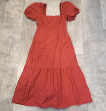 ASTR The Label Poplin Puff Sleeve Tiered Midi Dress Size M Rust Orange Wedding