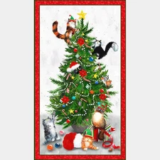 Christmas Cat Tree Fabric 24" X44" Panel Meowy Christmas Cats Cotton Windham