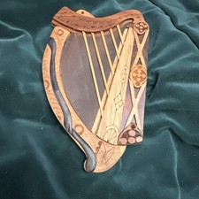 Celtic Carved Inlaid Wood Harp Wall Hanging